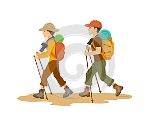 Man and woman, couple hikers traveling trekking with backpacks