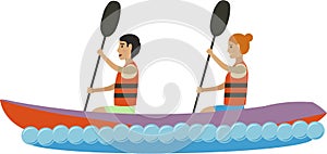 Man and woman couple kayaking vector icon isolated on white