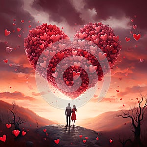 Man and woman couple in love on top of a mountain in the sky. Large heart of tiny red hearts, sunset. Heart as a symb