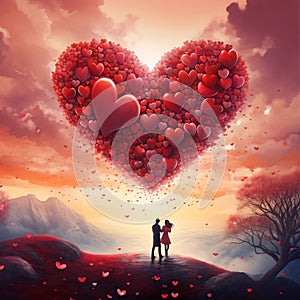 Man and woman couple in love on top of a mountain in the sky. Large heart of tiny red hearts, sunset. Heart as a symb