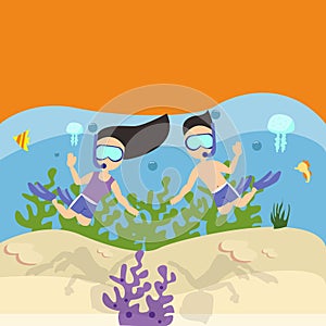 Man woman couple snorkeling scuba diving under water sea coral reef