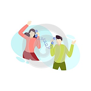 Man and woman couple talking on the phone love dating people character flat design vector