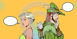 Man and woman. Couple thinking about something. Surprised pair. Modern girl and Medieval legend. Robin Hood. Defender of