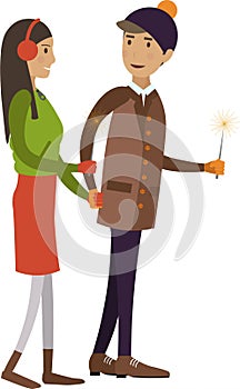 Man and woman couple walking with sparklers during New Year party celebration vector icon