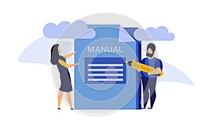 Man and woman create document book manual. Business handbook advice content vector. Online web paper digital illustration article