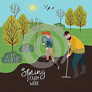 A man and a woman cultivate the land with a rake and hoe for planting.Vector illustration in cute flat style