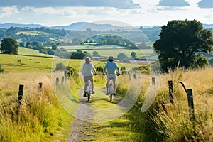Man and a woman cycling through picturesque countryside, enjoying the scenery