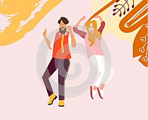 A man and a woman dance and move to the music at a party, festival or carnival