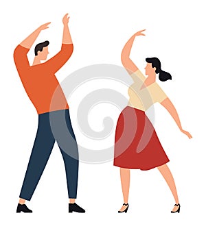Man and woman dancing together, casually dressed, simple flat design. Joyful couple performing dance moves, modern style