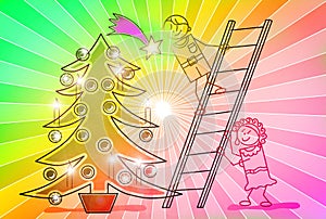 Man and woman are decorating the Christmas tree - concept illustration