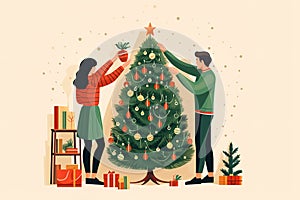 Man and woman decorating a Christmas tree, drawing in the style of vector illustration