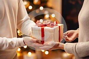 The man and woman delight in the tradition of gifting each other during Christmas time