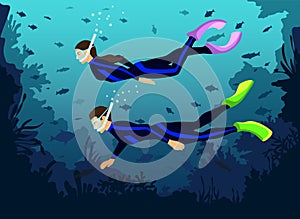 Man and Woman in diving wetsuits snorkeling