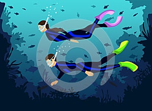 Man and Woman in diving wetsuits snorkeling photo