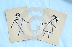 Man and woman divorce drawing torn apart