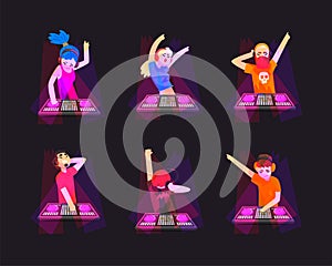 Man and Woman Dj Characters at Night Club Mixing Music Vector Set