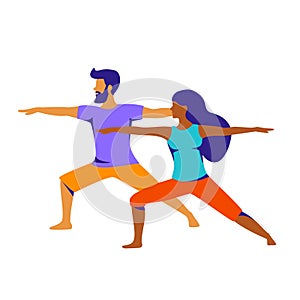 Man an woman do yoga exercise, standing in warrior two pose