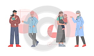 Man and Woman Doctor Pediatrician in Lab Coat Examining Little Kid in Hospital Vector Set