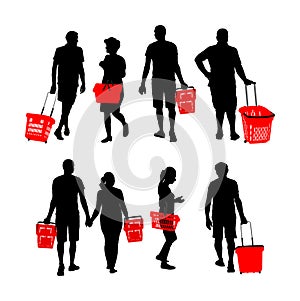 Man and woman doing everyday grocery shopping with shopping basket at supermarket, vector isolated.