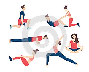 Man and woman doing fitness and yoga exercises. Set of cute people performing sports activities.