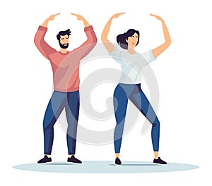 Man and woman doing morning fitness exercise, wearing casual workout gear, showing positive energy. Couple practicing