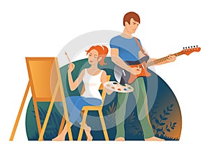 A man and a woman are drawing and playing the guitar