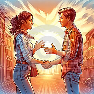 A man and a woman, dressed in casual clothes, shake hands. They stand in a town square surrounded by old buildings. The sky is a