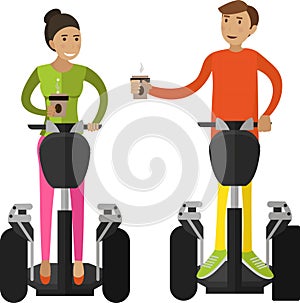 Man and woman drinking coffee running treadmill vector icon isolated on white