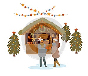 Man and woman drinking hot mulled wine at christmas market, isolated illustration