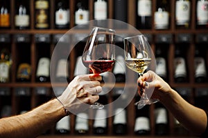 Man and woman drinking red and white wine together