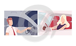 Man and Woman Driving Car Sitting at Driver Seat of Motor Vehicle Holding Hands on Steering Wheel Inside View Vector Set