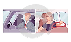 Man and Woman Driving Car Sitting at Driver Seat of Motor Vehicle Holding Hands on Steering Wheel Inside View Vector Set