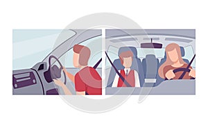 Man and Woman Driving Car Sitting at Driver Seat of Motor Vehicle Holding Hands on Steering Wheel Inside View Vector Set