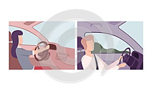 Man and Woman Driving Car Sitting at Driver Seat of Motor Vehicle Holding Hands on Steering Wheel Inside View Vector Set