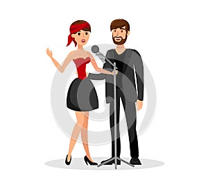 Man and Woman Duet Singing Together in Microphone