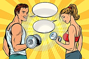 Man and woman with dumbbells, comic strip dialogue bubble