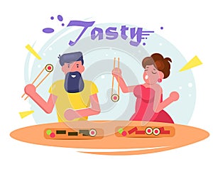 Man and woman eating sushi Vector. Cartoon. Isolated