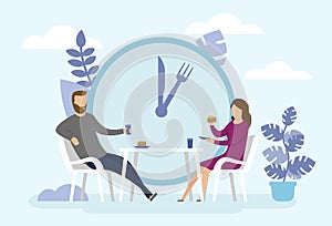 Man and Woman are eating together. Business Lunch Time concept. Big clock with abstract background. Flat style. Vector