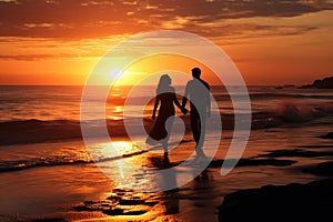 A man and a woman enjoy a romantic walk on the beach as the sun sets, couple on the beach at sunset, AI Generated