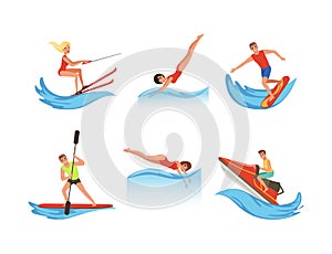 Man and Woman Enjoying Water Sport Activity Swimming, Diving, Sailing Boat and Surfboarding Vector Set