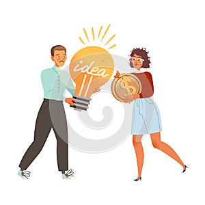 Man and Woman Exchanging Light Bulb for Money as Smart Idea and Solution Vector Illustration