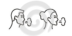 Man and Woman face coughing. Vector thin line icon illustration of sick people cough. Influenza, virus, flu, cold or allergy