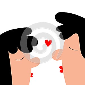 Man and woman face. Kissing couple. Cute cartoon funny character. Smooch kiss. Red heart. Black hair. Happy Valentines Day. Love