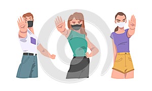 Man and Woman in Face Mask Showing Stop Virus Sign with Hand Vector Illustration Set