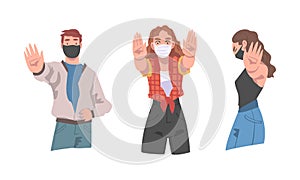 Man and Woman in Face Mask Showing Stop Virus Sign with Hand Vector Illustration Set