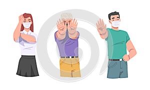 Man and Woman in Face Mask Showing Stop Virus Sign with Hand Vector Illustration Set