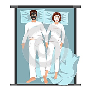 Man and woman in face masks lying back on the bed. Evening spa relaxing at home, vector illustration