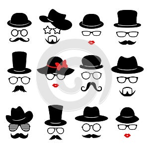 Man and woman faces. Photo props collections. Retro party set with glasses, mustache, beard, hats and lips. Vector