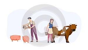 Man and woman farmers feeding pigs and milking cow set. Workers fattening taking care of farm animals. Agricultural animals