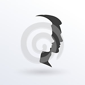 Man and woman feces logo. Male and female face silhouette. Side view. Vector illustration